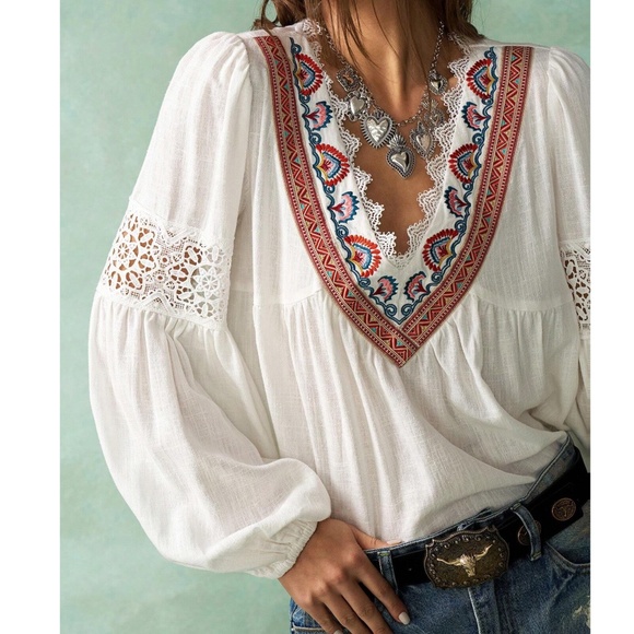 Boho White V neck Lace Embroidered Linen Long Sleeve Top - Picture 3 of 8